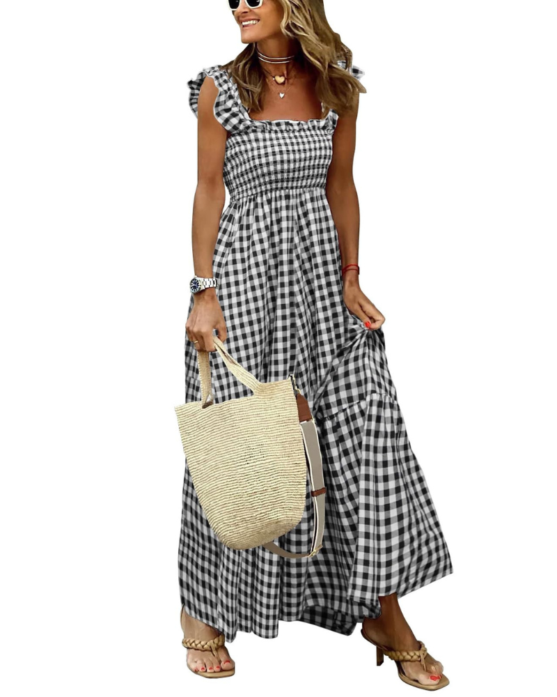 Rona Abito Maxi Donna – Scollo Quadrato Bretella Fines Carreaux, Linea a Trapezio & Dos Smocké con Tasche