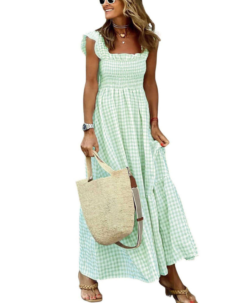 Rona Abito Maxi Donna – Scollo Quadrato Bretella Fines Carreaux, Linea a Trapezio & Dos Smocké con Tasche