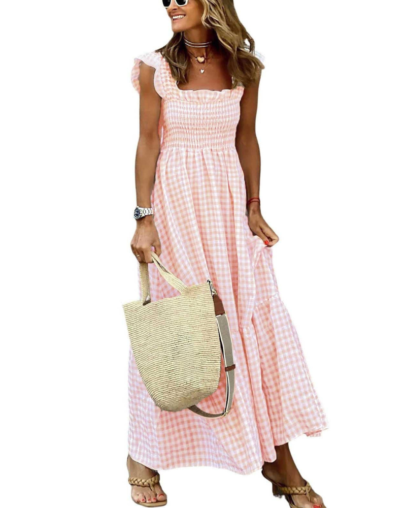 Rona Abito Maxi Donna – Scollo Quadrato Bretella Fines Carreaux, Linea a Trapezio & Dos Smocké con Tasche