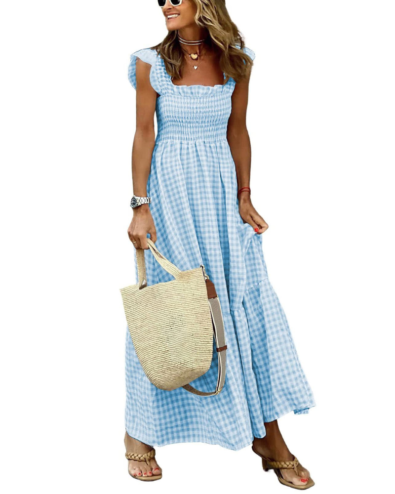 Rona Abito Maxi Donna – Scollo Quadrato Bretella Fines Carreaux, Linea a Trapezio & Dos Smocké con Tasche