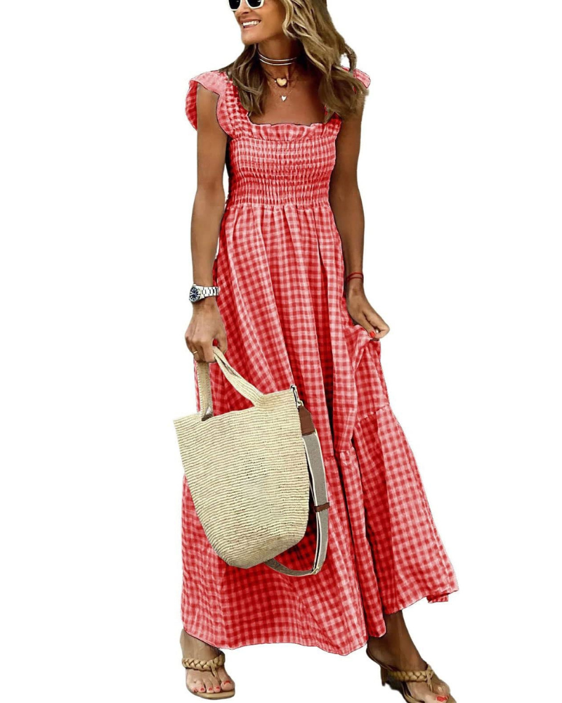 Rona Abito Maxi Donna – Scollo Quadrato Bretella Fines Carreaux, Linea a Trapezio & Dos Smocké con Tasche