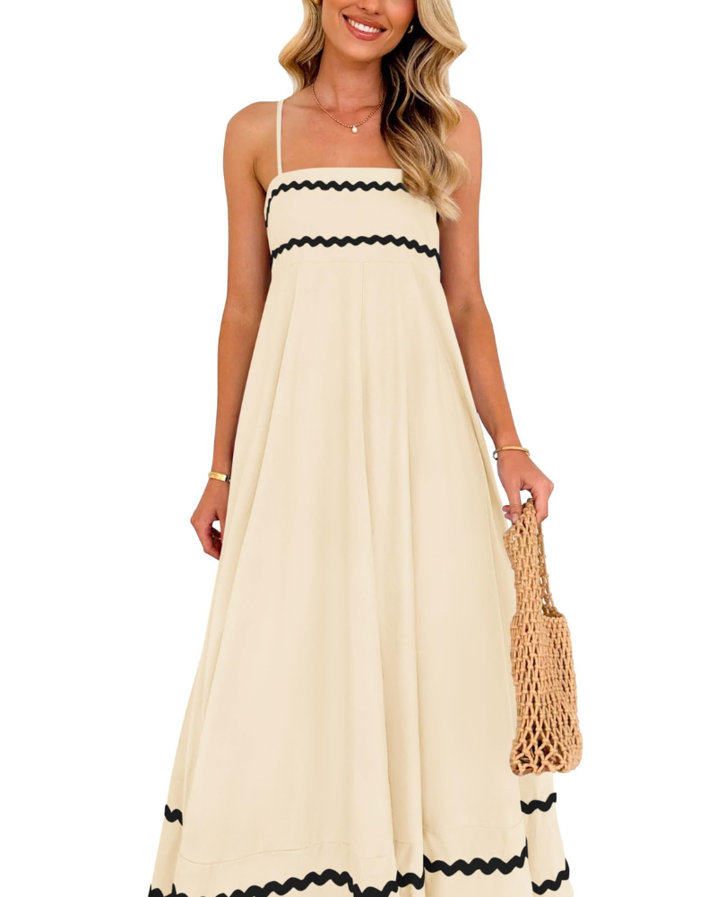 Susana Abito Maxi Donna – Bretella Fines Scollo Quadrato, Linea a Trapezio Fluida & Balze con Tasche Estate