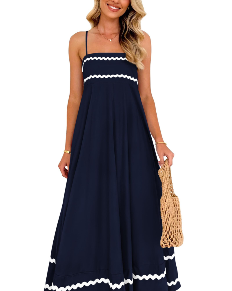 Susana Abito Maxi Donna – Bretella Fines Scollo Quadrato, Linea a Trapezio Fluida & Balze con Tasche Estate