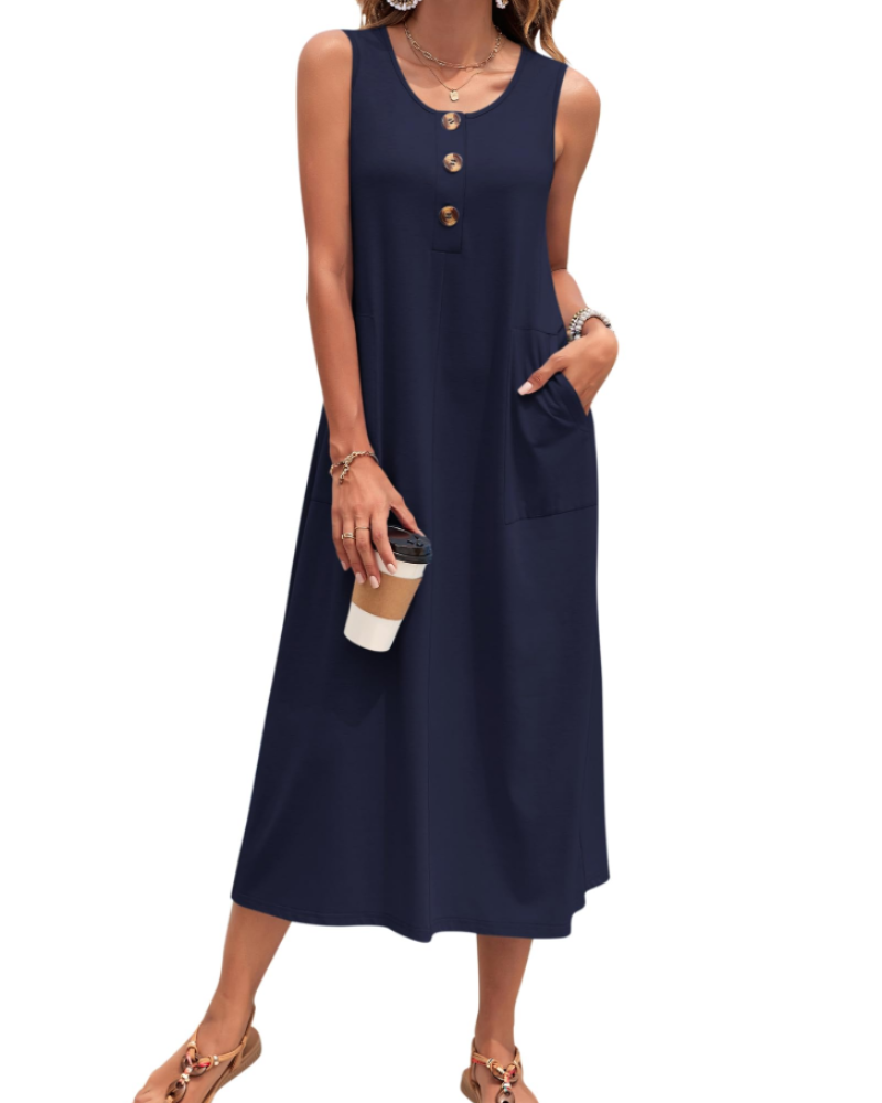 Julia Abito Donna – Abito Maxi a Trapezio Senza Maniche Boutonnée con Tasche Estate Casual