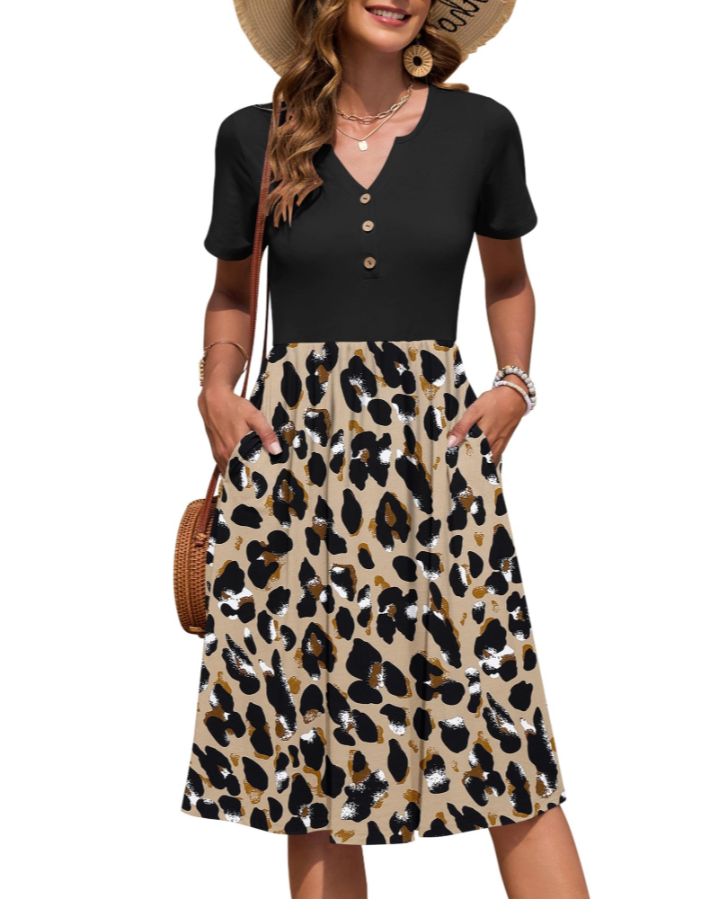 Ester Abito Donna – Abito Estate Mi-Longue Scollo a V Maniche Corte Boutonnée Taille Empire Tasche