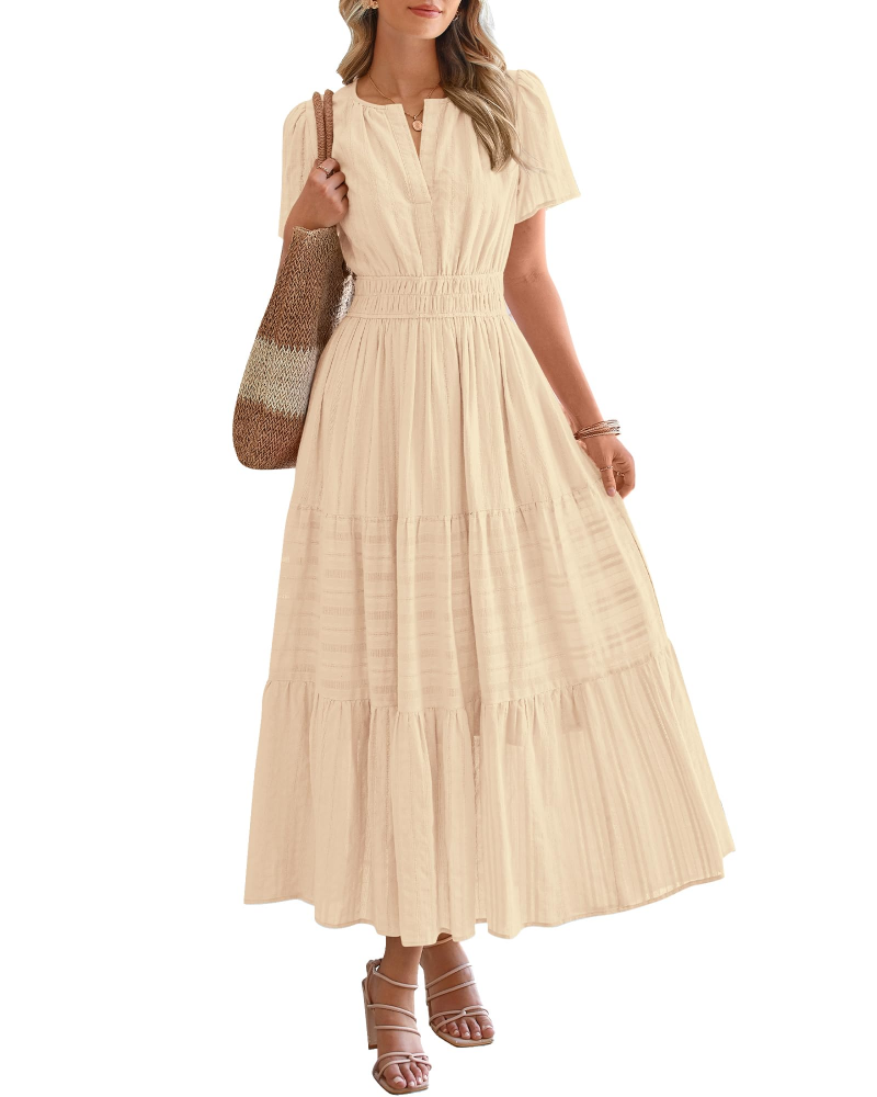 Eliza Abito Donna – Abito Maxi Bohémien Scollo a V Maniche Corte Vita Elastica Fluida Tasche