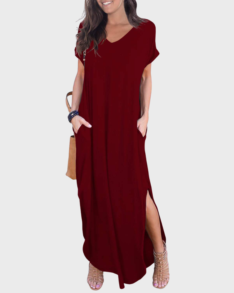 Rosenda Abito Maxi Donna – Scollo a V Maniche Corte, Linea Fluida & Fente con Tasche Estate