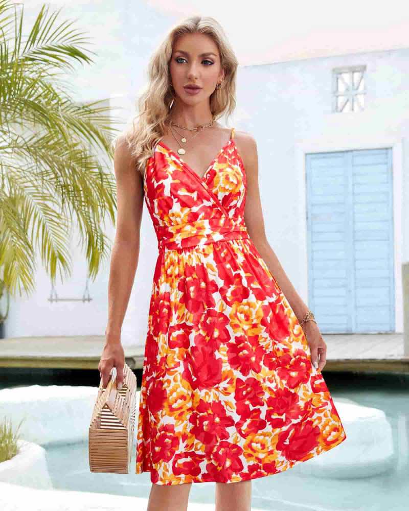 Verna Abito Midi Donna – Abito a Fiori Scollo a V Bretella Fines & Linea a Trapezio Tasche
