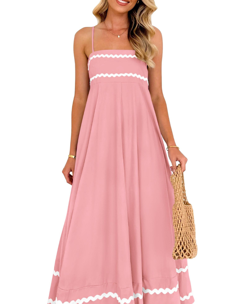 Susana Abito Maxi Donna – Bretella Fines Scollo Quadrato, Linea a Trapezio Fluida & Balze con Tasche Estate