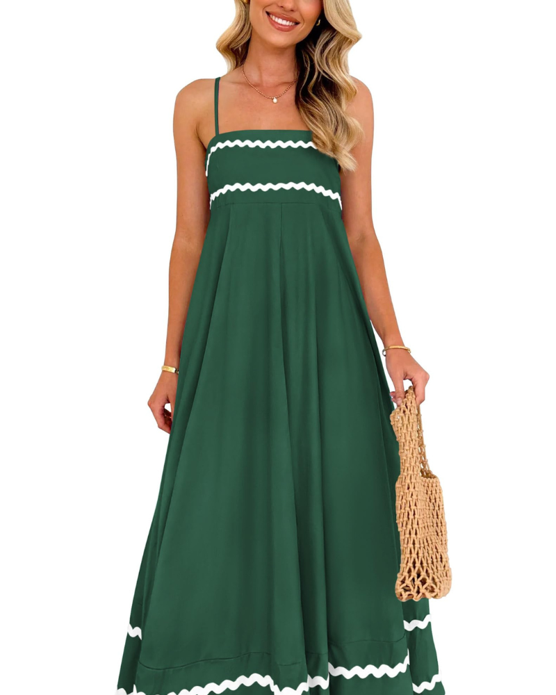 Susana Abito Maxi Donna – Bretella Fines Scollo Quadrato, Linea a Trapezio Fluida & Balze con Tasche Estate
