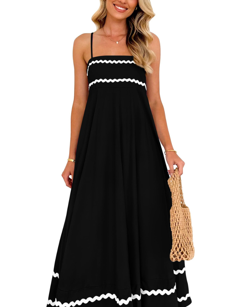 Susana Abito Maxi Donna – Bretella Fines Scollo Quadrato, Linea a Trapezio Fluida & Balze con Tasche Estate