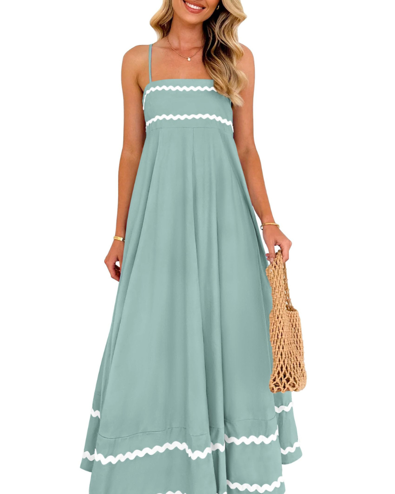Susana Abito Maxi Donna – Bretella Fines Scollo Quadrato, Linea a Trapezio Fluida & Balze con Tasche Estate