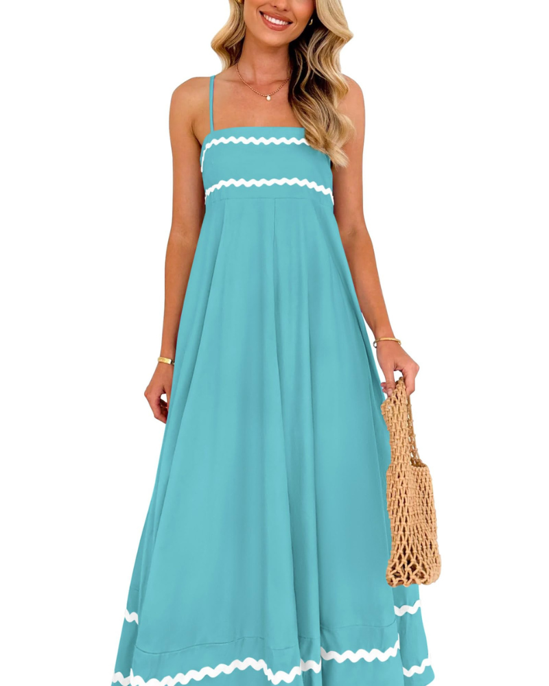 Susana Abito Maxi Donna – Bretella Fines Scollo Quadrato, Linea a Trapezio Fluida & Balze con Tasche Estate