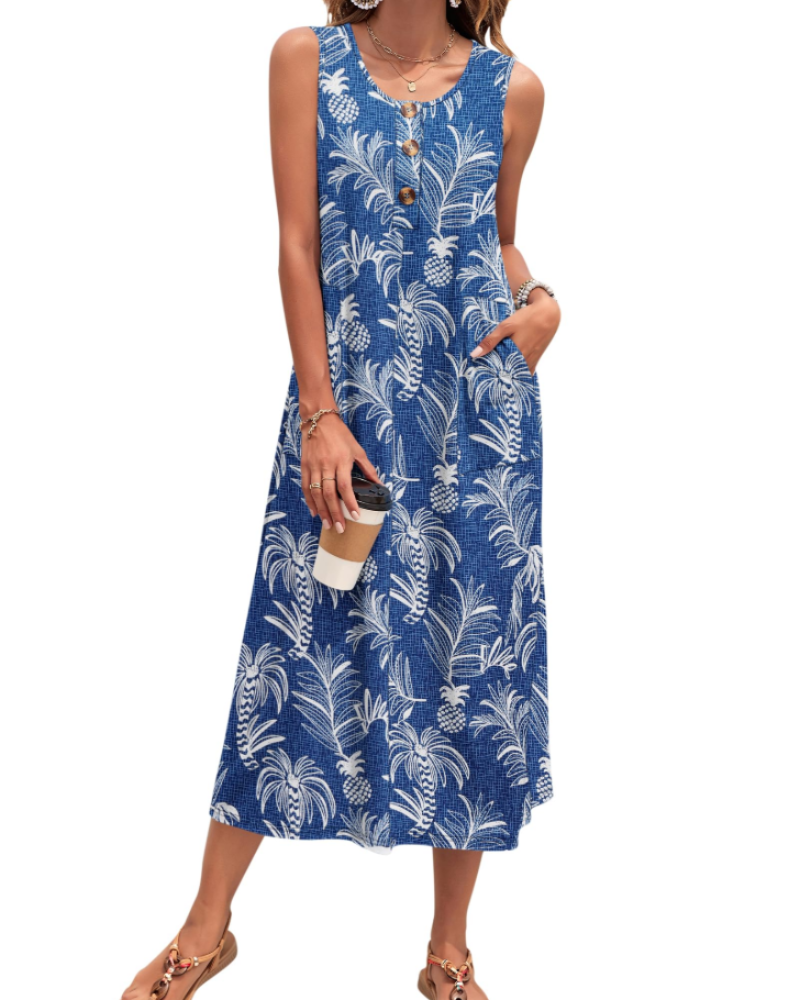 Julia Abito Donna – Abito Maxi a Trapezio Senza Maniche Boutonnée con Tasche Estate Casual