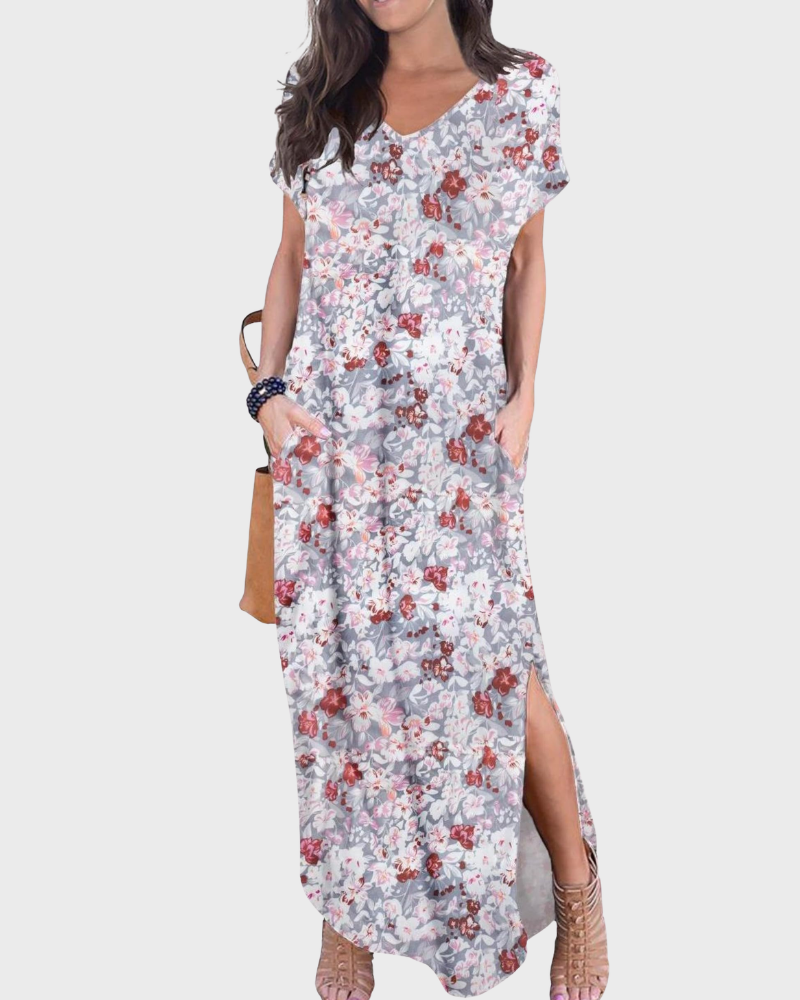 Rosenda Abito Maxi Donna – Scollo a V Maniche Corte, Linea Fluida & Fente con Tasche Estate