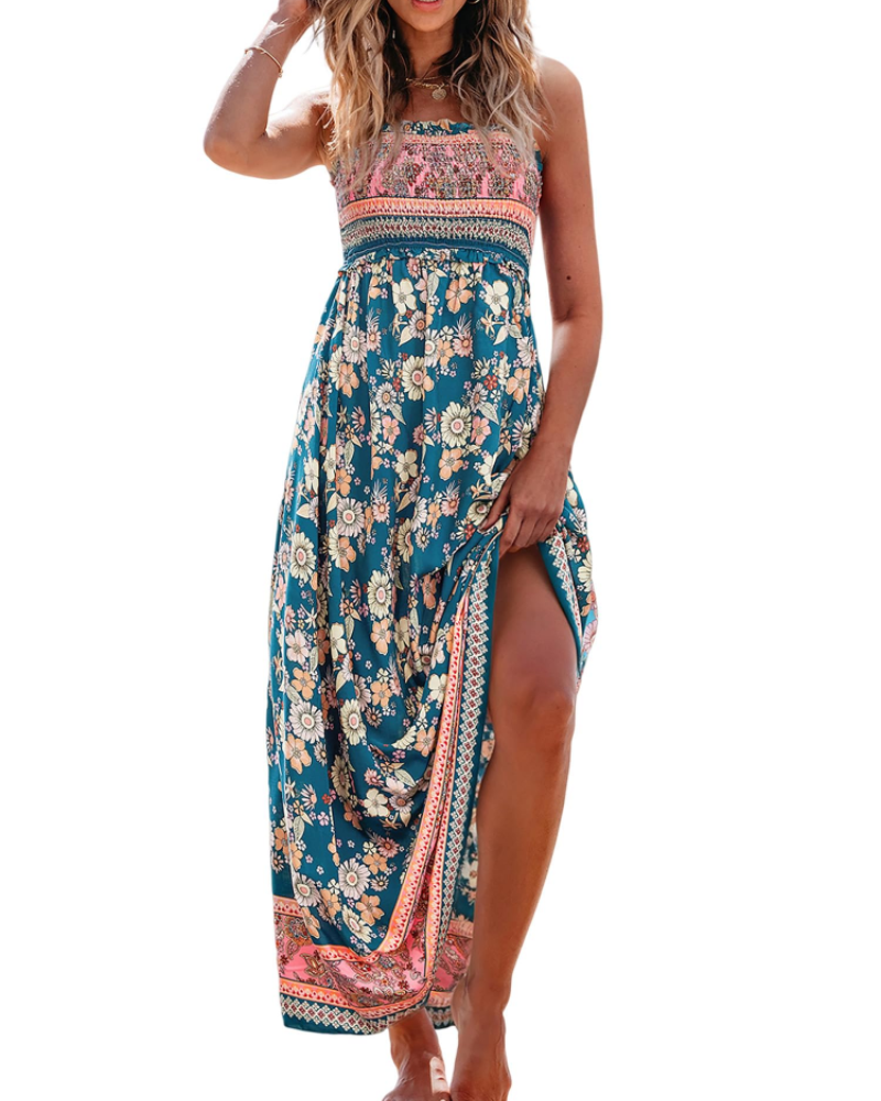 Jheda Abito Longue Donna – Abito Maxi a Fiori Smockée Bretella Fines Balze Bohémien Chic Estate