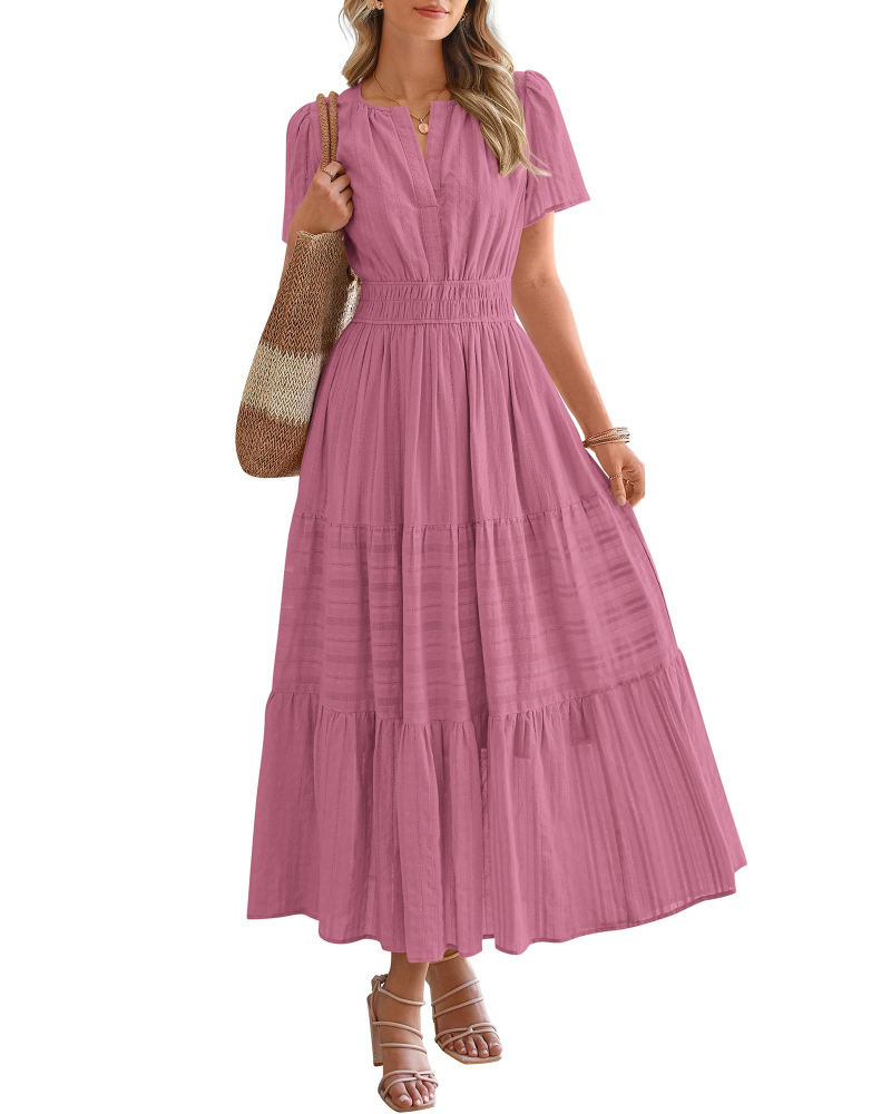 Eliza Abito Donna – Abito Maxi Bohémien Scollo a V Maniche Corte Vita Elastica Fluida Tasche