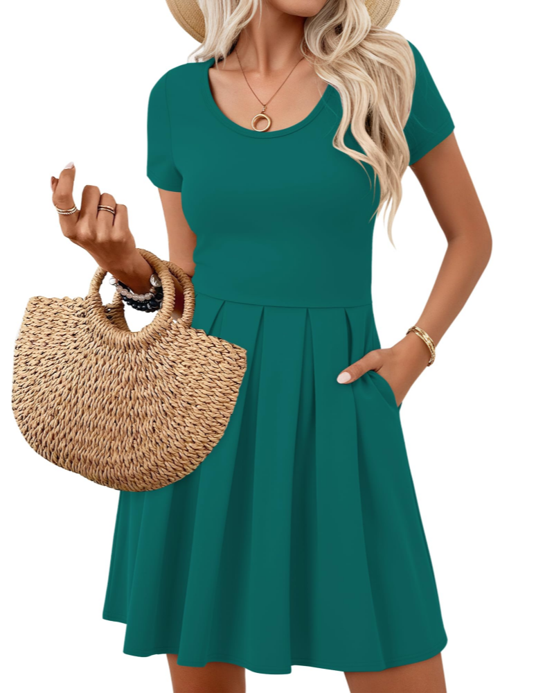 Nira Abito Donna – Abito Mini a Trapezio Scollo a V Maniche Corte con Tasche Estate Casual