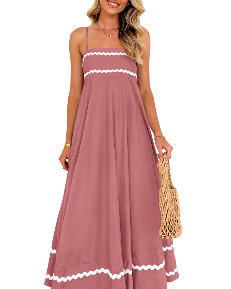 Susana Abito Maxi Donna – Bretella Fines Scollo Quadrato, Linea a Trapezio Fluida & Balze con Tasche Estate