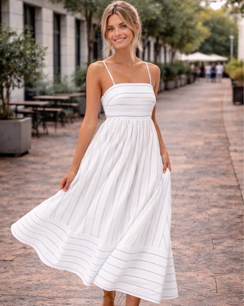 Reina Abito Maxi Donna – Scollo Quadrato Bretella Fines Rayures, Linea a Trapezio & Dos Smocké con Tasche
