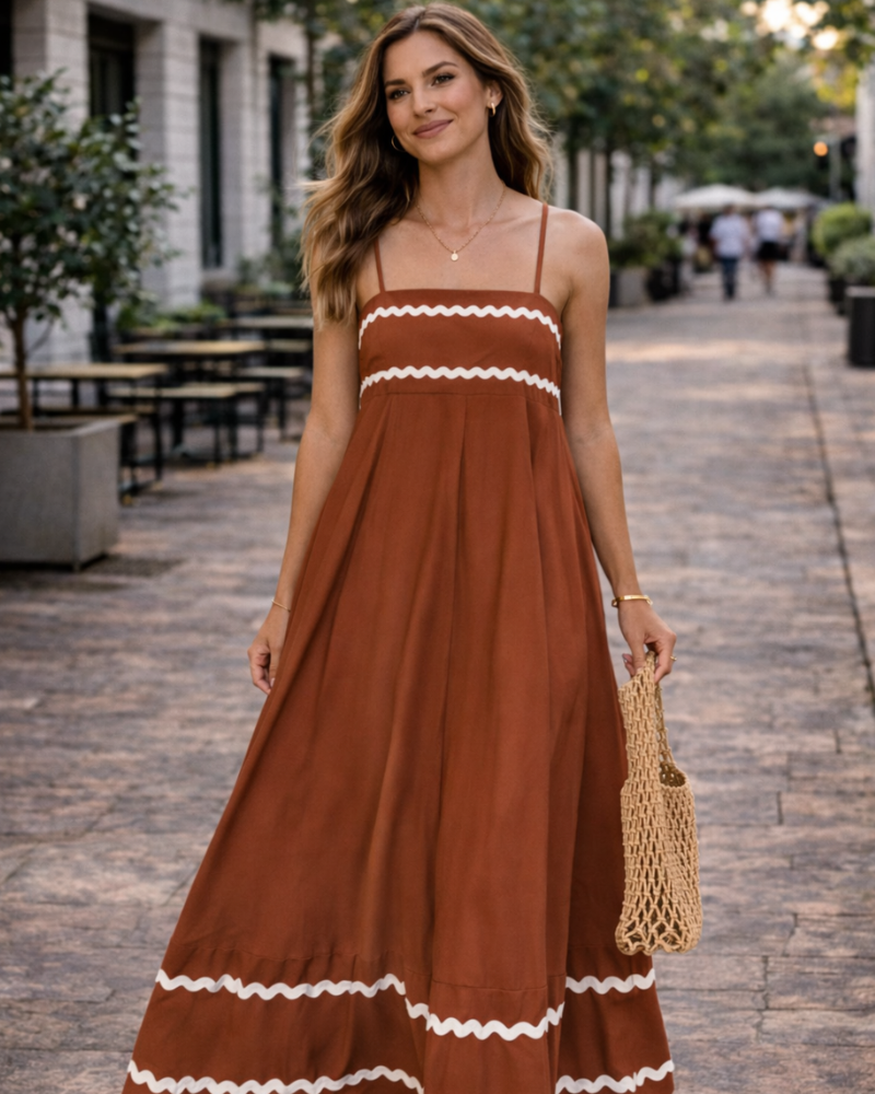 Susana Abito Maxi Donna – Bretella Fines Scollo Quadrato, Linea a Trapezio Fluida & Balze con Tasche Estate
