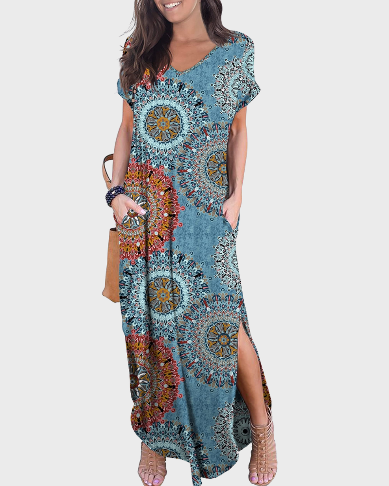 Rosenda Abito Maxi Donna – Scollo a V Maniche Corte, Linea Fluida & Fente con Tasche Estate