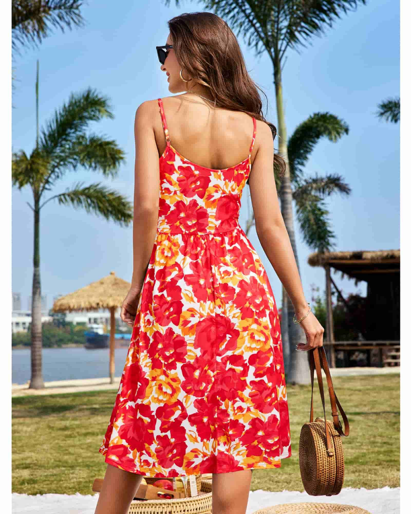 Verna Abito Midi Donna – Abito a Fiori Scollo a V Bretella Fines & Linea a Trapezio Tasche