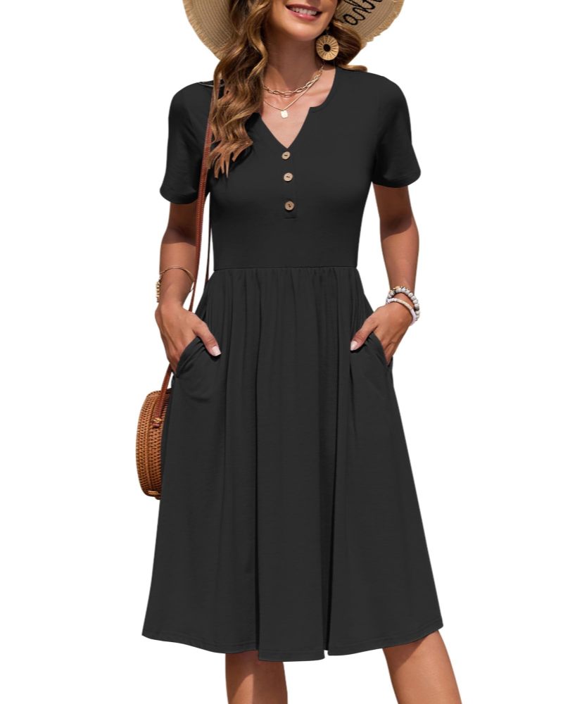 Ester Abito Donna – Abito Estate Mi-Longue Scollo a V Maniche Corte Boutonnée Taille Empire Tasche