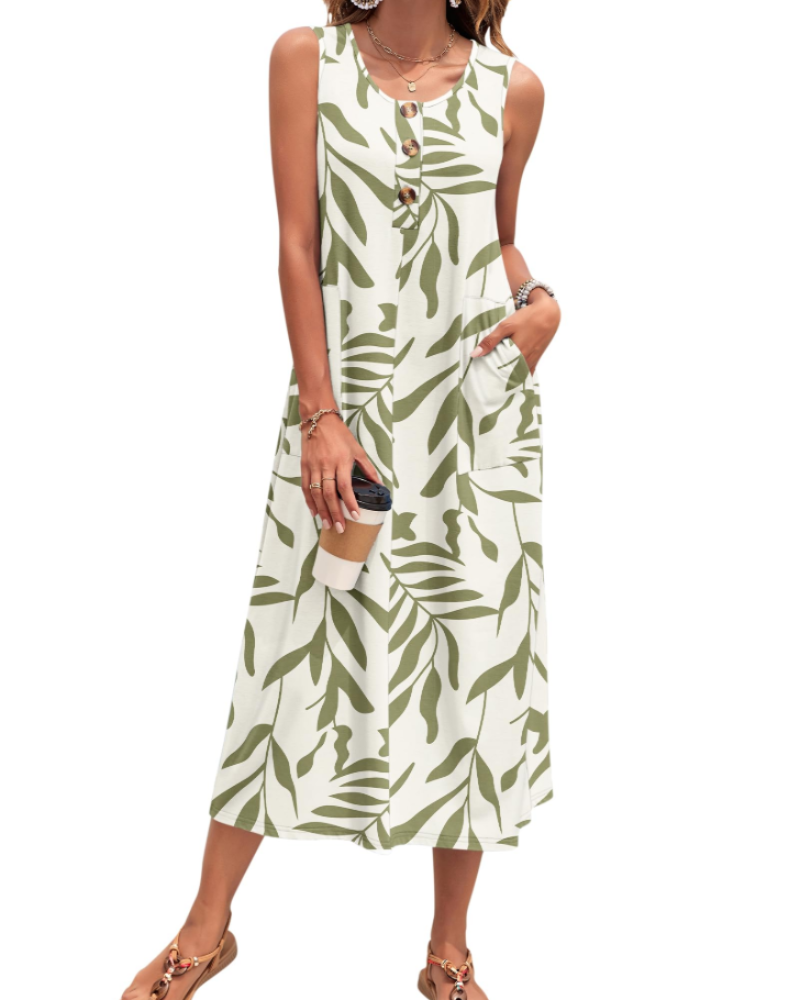 Julia Abito Donna – Abito Maxi a Trapezio Senza Maniche Boutonnée con Tasche Estate Casual
