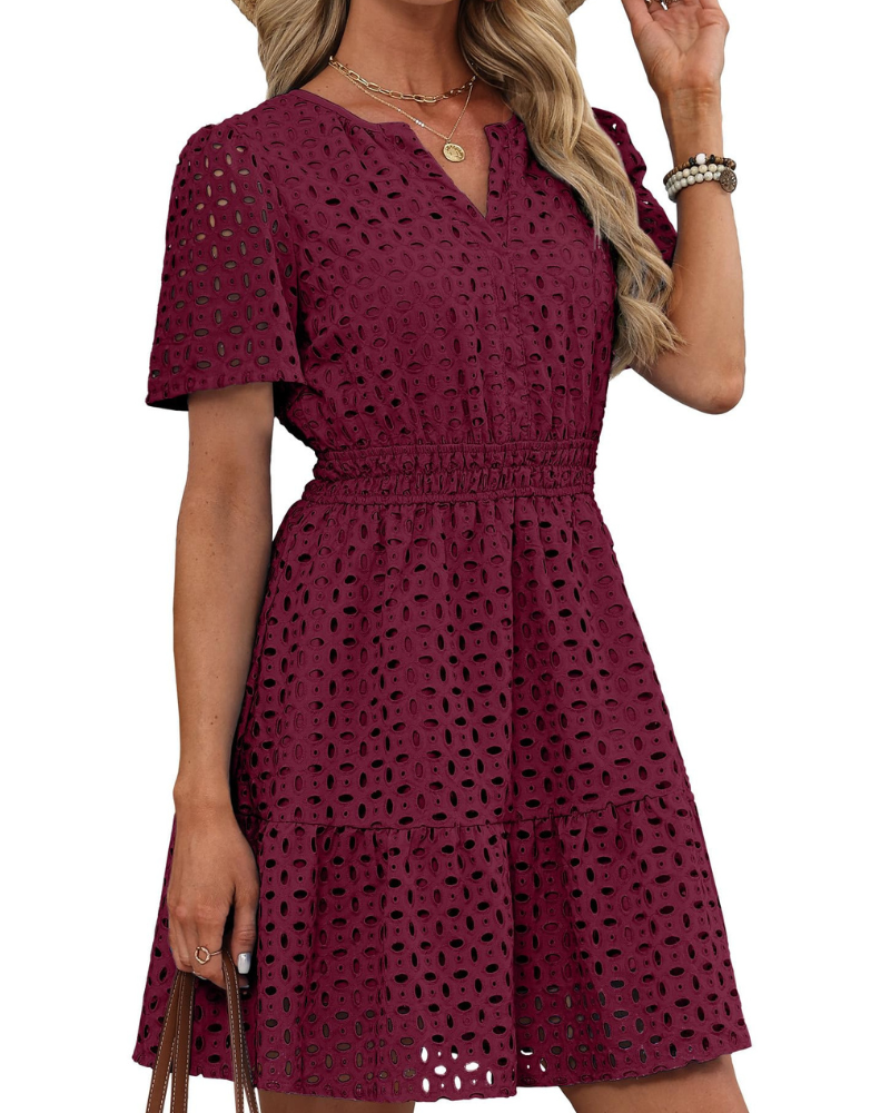 Hedwig Abito Donna – Scollo a V Pizzo Brodée, Maniche Corte & Linea Mini Vita Alta Estate