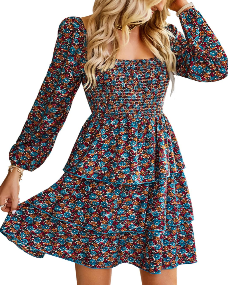 Léa Abito Donna – Abito Bohémien Mini Scollo Quadrato Smockée Vita Alta Maniche Lunghe Balze