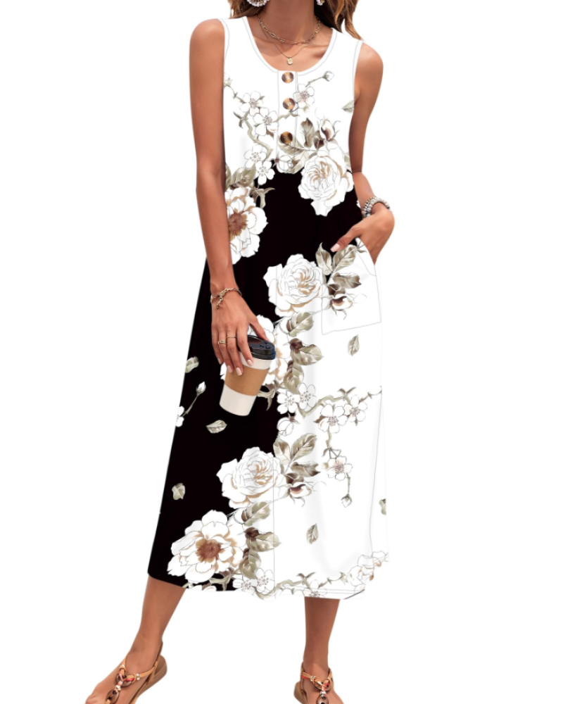 Julia Abito Donna – Abito Maxi a Trapezio Senza Maniche Boutonnée con Tasche Estate Casual