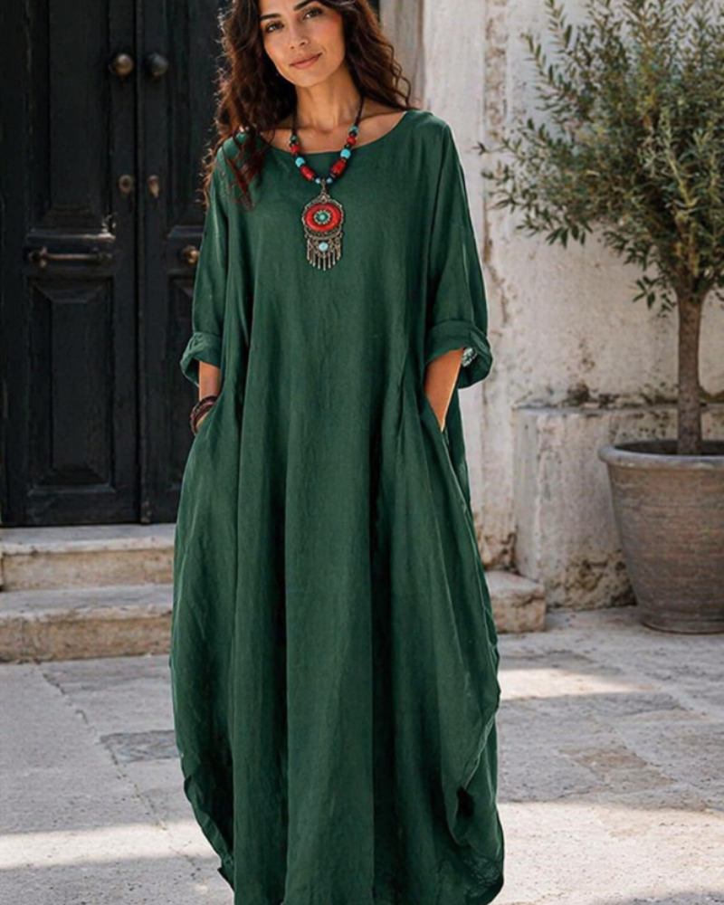 Sandy Abito Longue Donna – Abito Maxi Cotone-Lin Vestibilità Ampia Girocollo Manches 3/4 Elegante