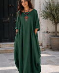 Sandy Abito Longue Donna – Abito Maxi Cotone-Lin Vestibilità Ampia Girocollo Manches 3/4 Elegante