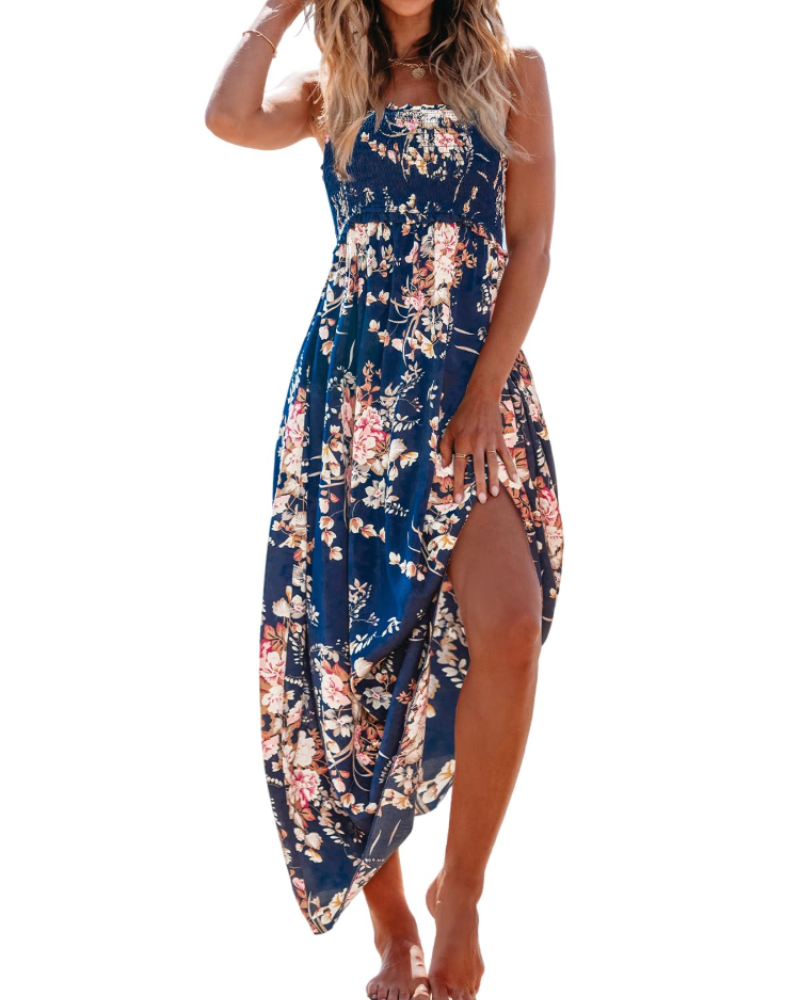 Jheda Abito Longue Donna – Abito Maxi a Fiori Smockée Bretella Fines Balze Bohémien Chic Estate