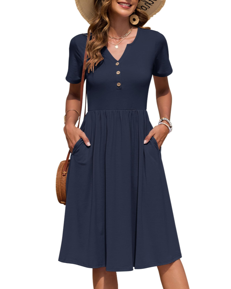 Ester Abito Donna – Abito Estate Mi-Longue Scollo a V Maniche Corte Boutonnée Taille Empire Tasche