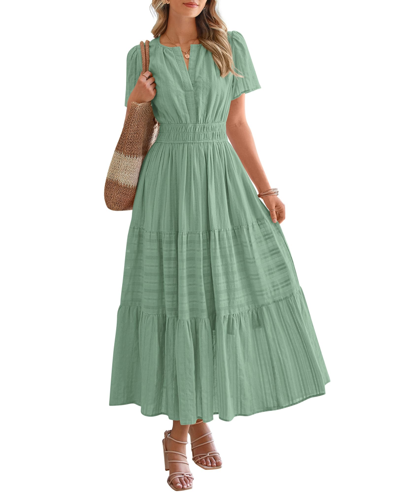 Eliza Abito Donna – Abito Maxi Bohémien Scollo a V Maniche Corte Vita Elastica Fluida Tasche