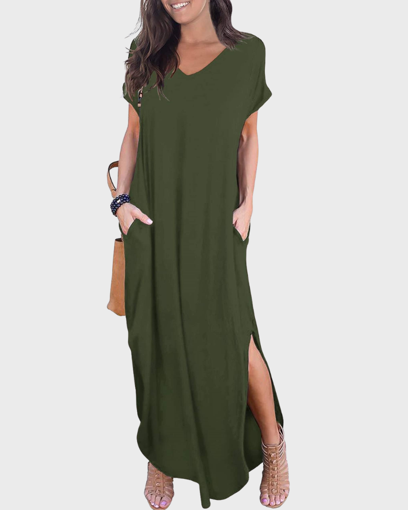 Rosenda Abito Maxi Donna – Scollo a V Maniche Corte, Linea Fluida & Fente con Tasche Estate