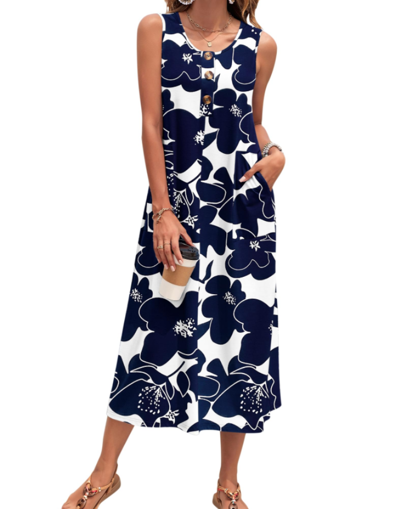 Julia Abito Donna – Abito Maxi a Trapezio Senza Maniche Boutonnée con Tasche Estate Casual