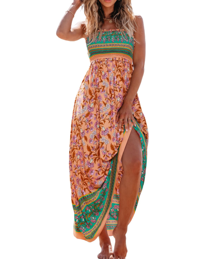 Jheda Abito Longue Donna – Abito Maxi a Fiori Smockée Bretella Fines Balze Bohémien Chic Estate