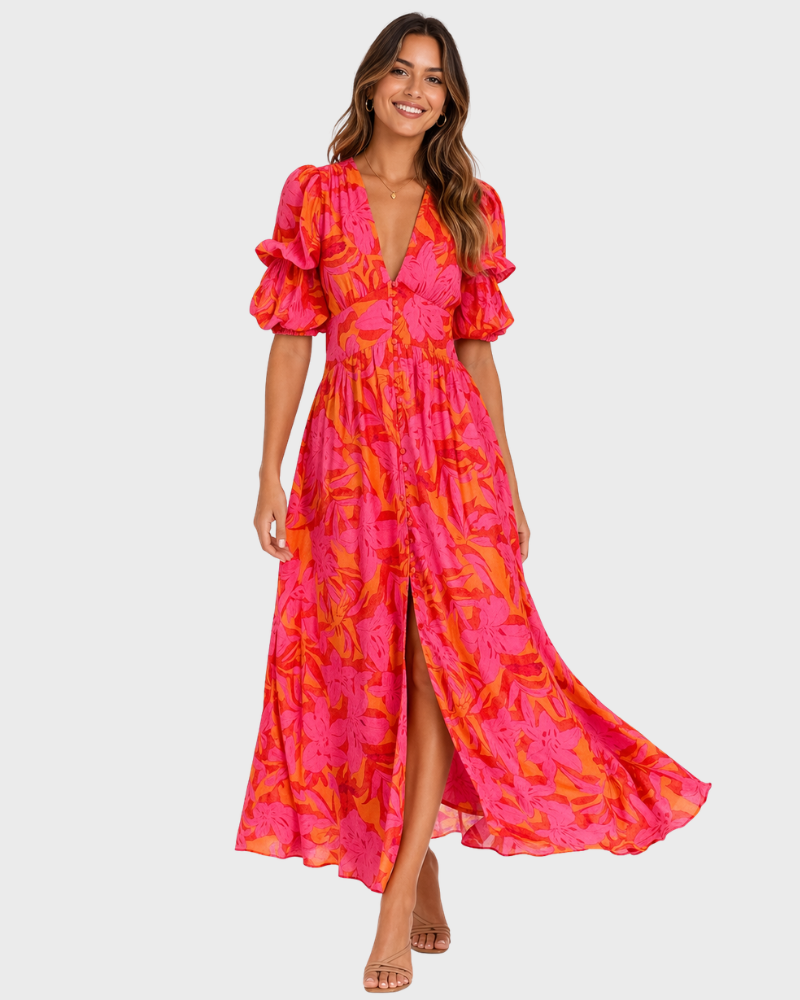Samantha Abito Estate Donna – Scollo a V, Manches Bouffantes & Linea Fluida Elegante