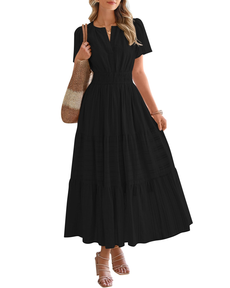 Eliza Abito Donna – Abito Maxi Bohémien Scollo a V Maniche Corte Vita Elastica Fluida Tasche