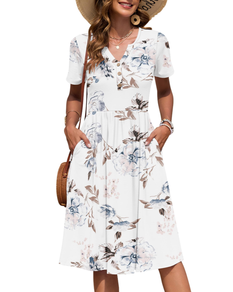 Ester Abito Donna – Abito Estate Mi-Longue Scollo a V Maniche Corte Boutonnée Taille Empire Tasche