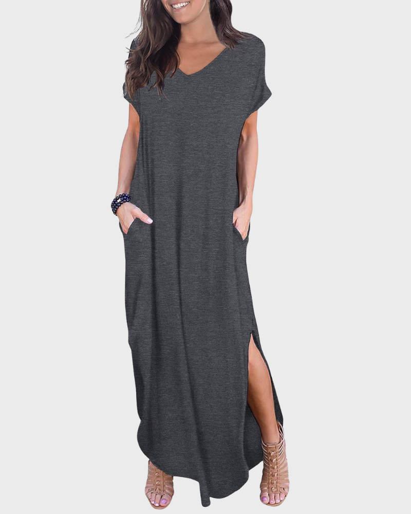 Rosenda Abito Maxi Donna – Scollo a V Maniche Corte, Linea Fluida & Fente con Tasche Estate