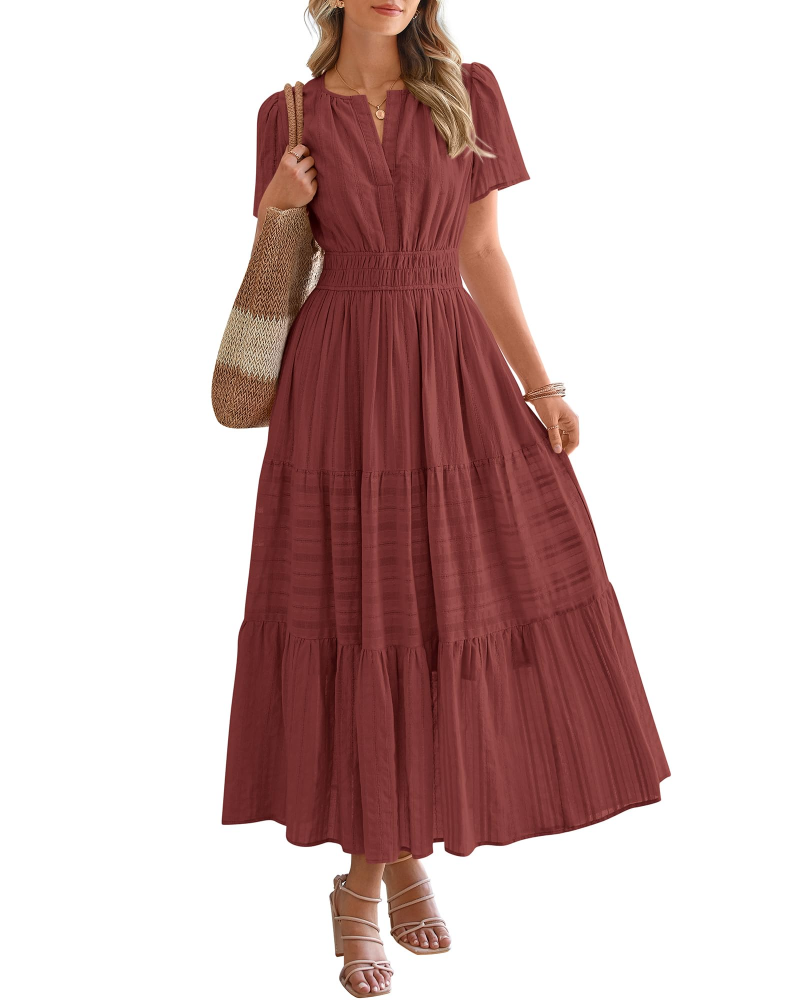 Eliza Abito Donna – Abito Maxi Bohémien Scollo a V Maniche Corte Vita Elastica Fluida Tasche