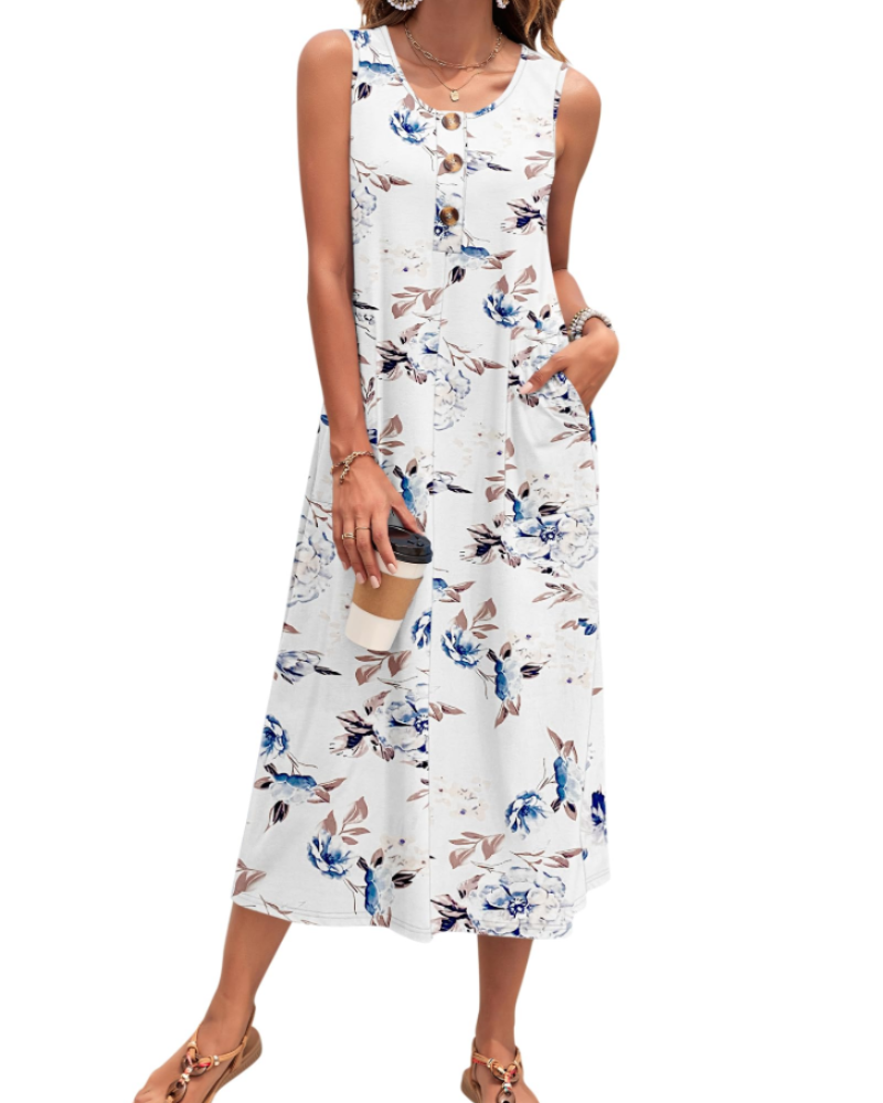 Julia Abito Donna – Abito Maxi a Trapezio Senza Maniche Boutonnée con Tasche Estate Casual