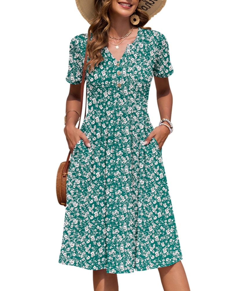 Ester Abito Donna – Abito Estate Mi-Longue Scollo a V Maniche Corte Boutonnée Taille Empire Tasche