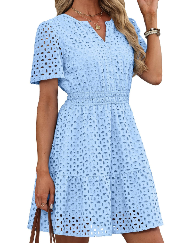 Hedwig Abito Donna – Scollo a V Pizzo Brodée, Maniche Corte & Linea Mini Vita Alta Estate