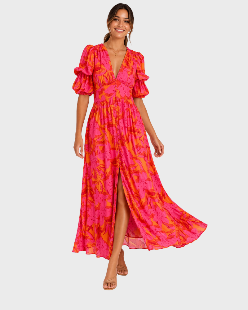 Samantha Abito Estate Donna – Scollo a V, Manches Bouffantes & Linea Fluida Elegante