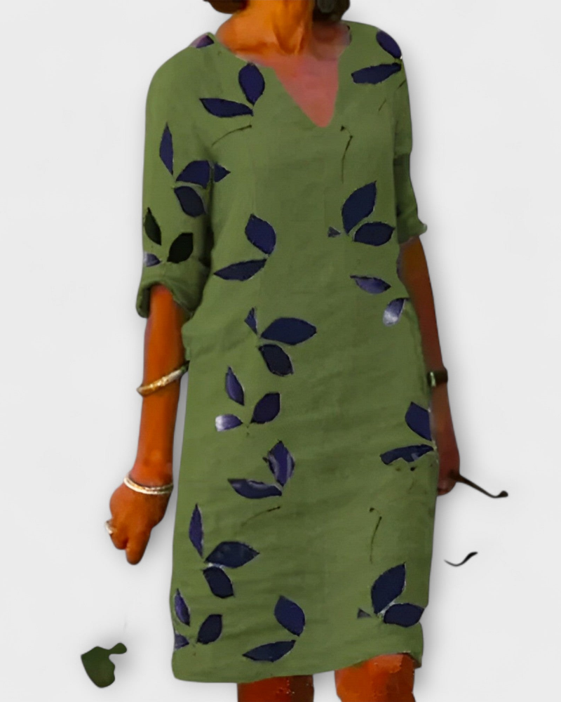 Madie Abito Donna Elegante – Abito Fluida Stampa Feuilles, Linea Flatteuse & Comfort